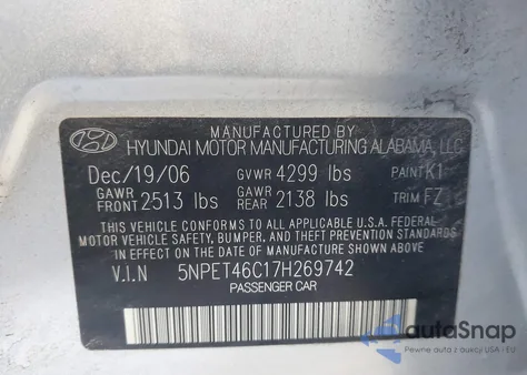 2007 Hyundai Sonata Gls из США, поврежденный, VIN 5NPET46C17H269742